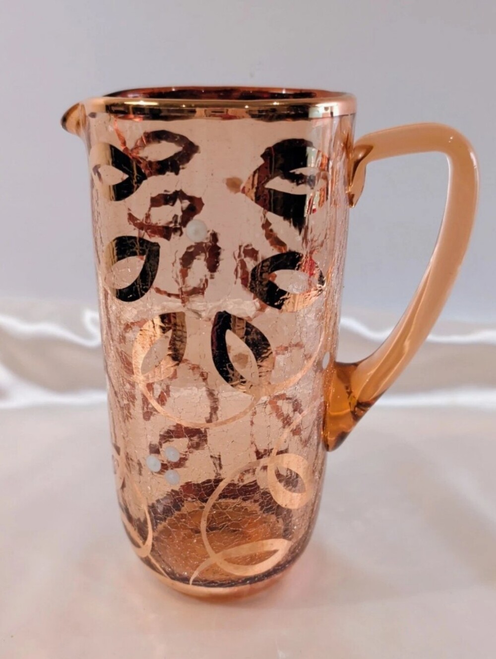 Pitcher Glass Peach Crackle Gold & White Accents Barware MCM Vintage 7.25"